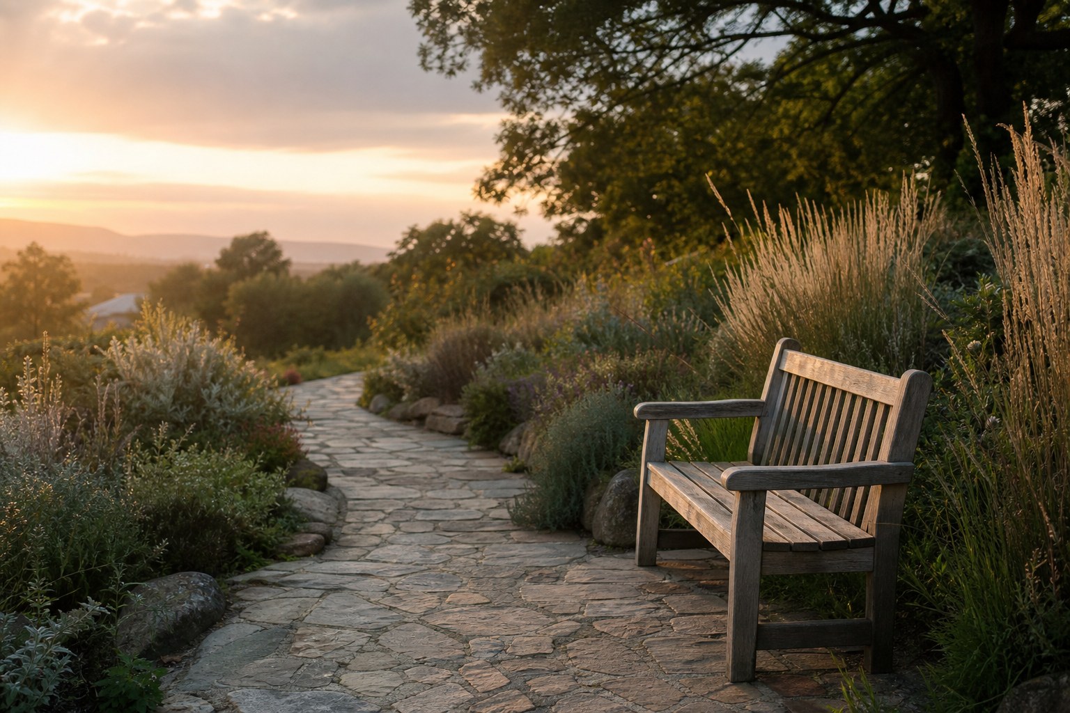 A wooden garden bench beside a stone path in evening light