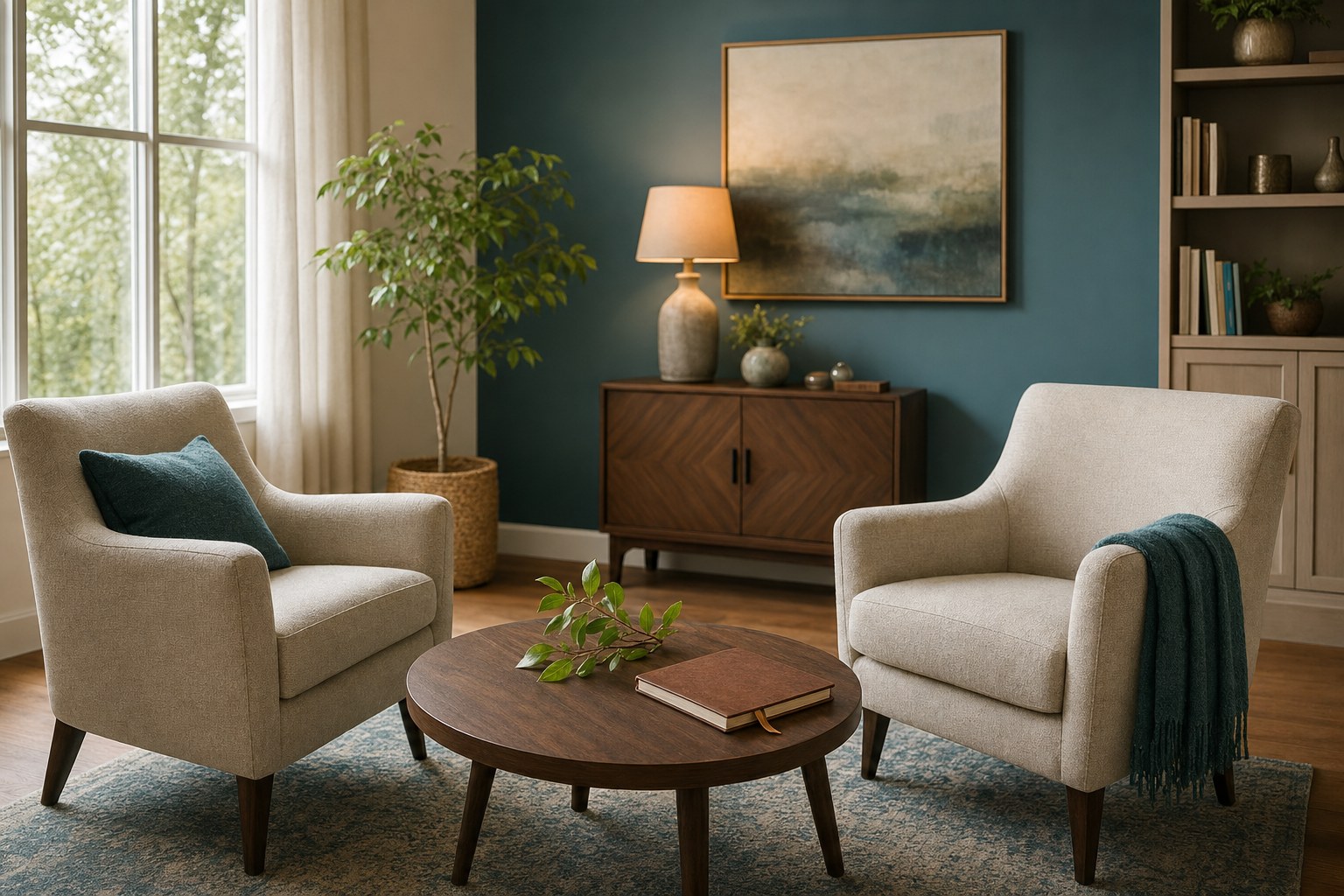 Two chairs facing each other in a calm, sunlit therapy office