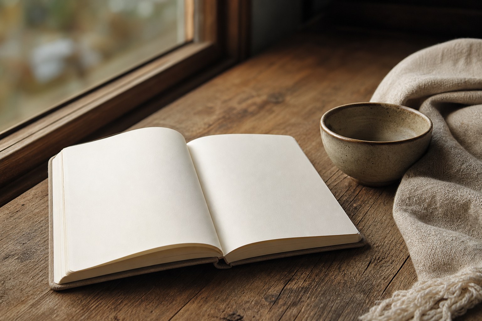 An open blank journal beside a ceramic bowl and folded linen by a window