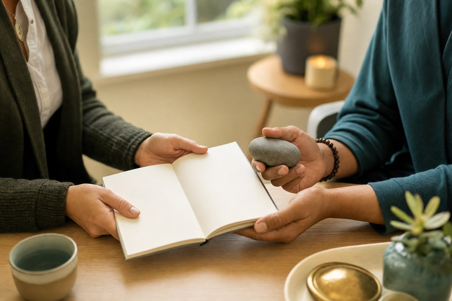 A journal and grounding stone during a reflective conversation
