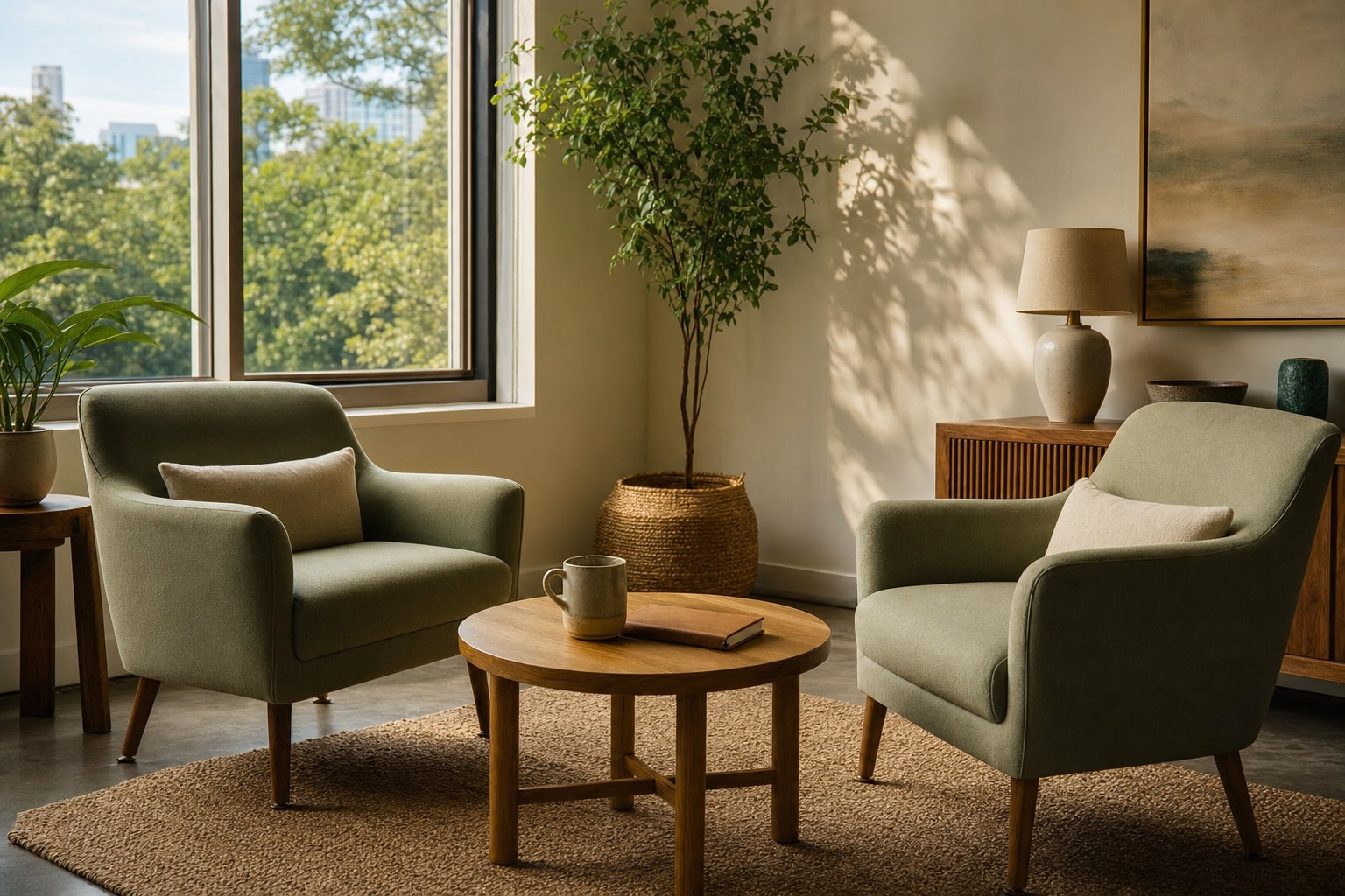 Two sage-green chairs in a calm, sunlit counseling room