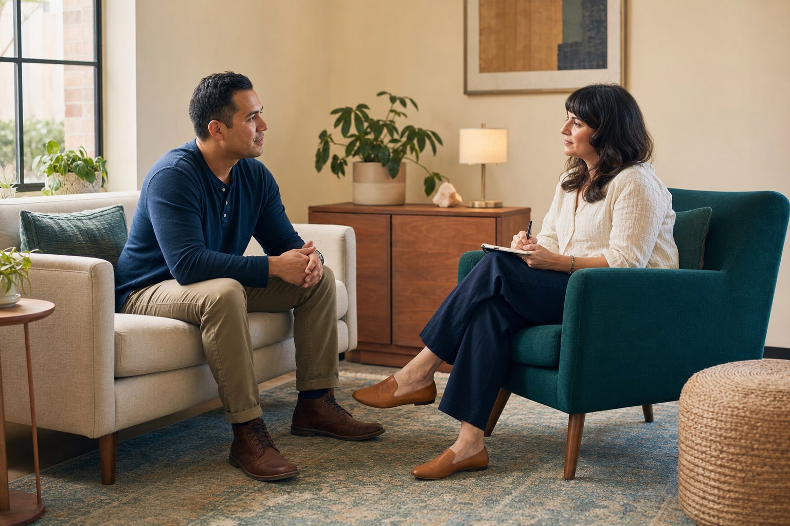 A warm, attentive conversation in a welcoming counseling room