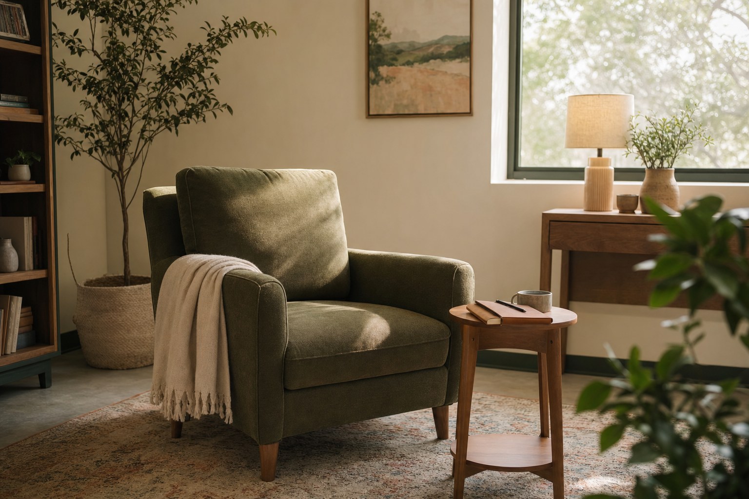 A green armchair in a warm, quiet counseling office