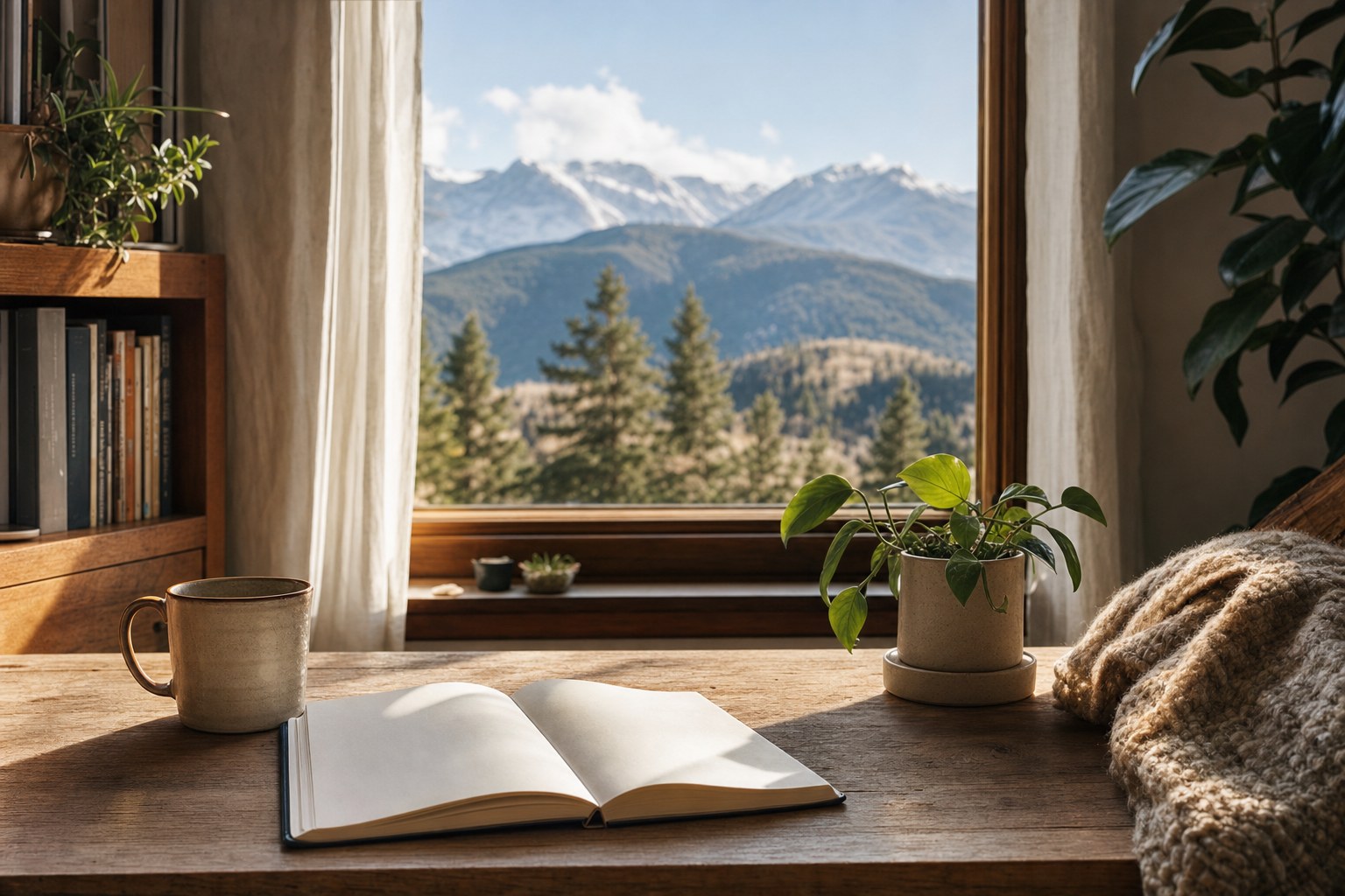 A calm home workspace with a Colorado mountain view