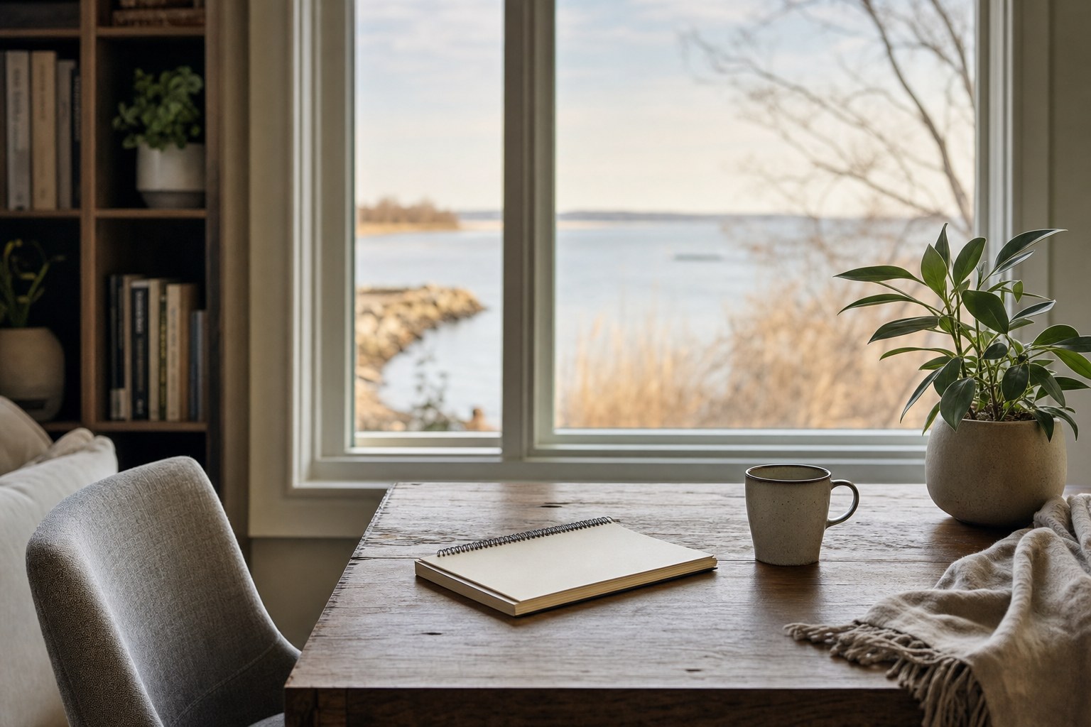 A calm home workspace with a Maryland waterfront view