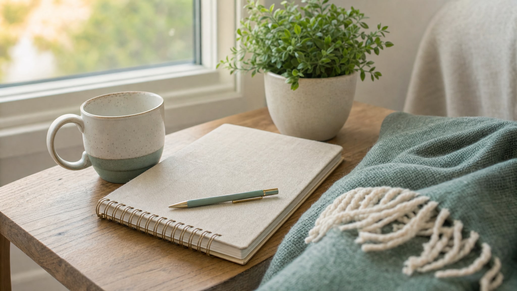 A notebook, mug, plant, and folded blanket in a calm home setting