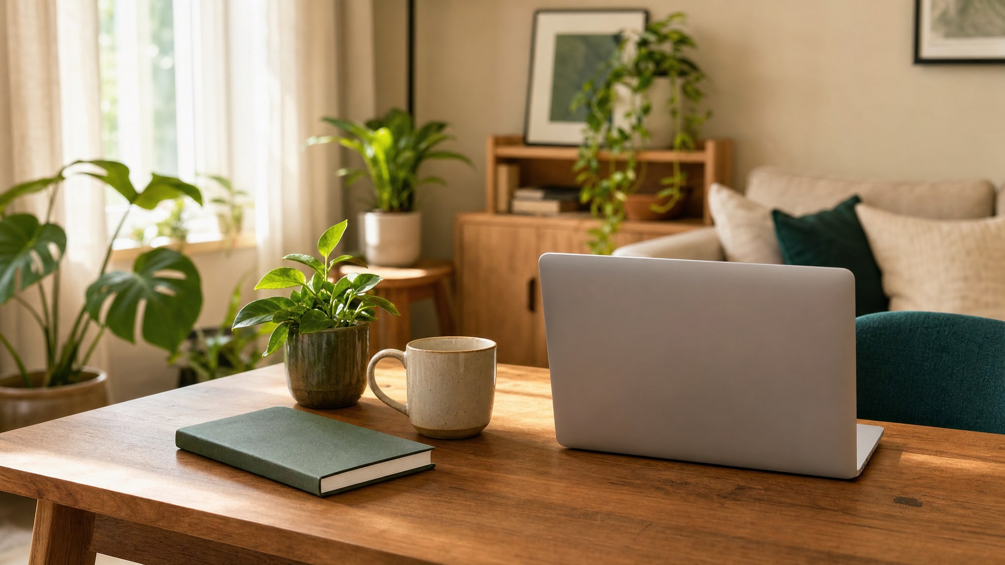 A calm home workspace prepared for an online counseling session