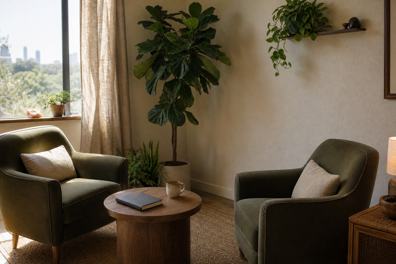 Two olive-green chairs in a sunlit counseling room