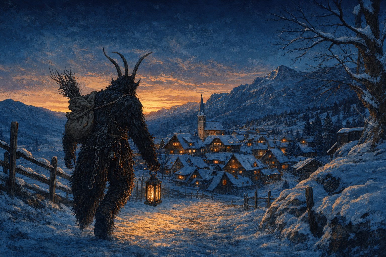 An illustrated Krampus walking toward a snowy alpine village at dusk