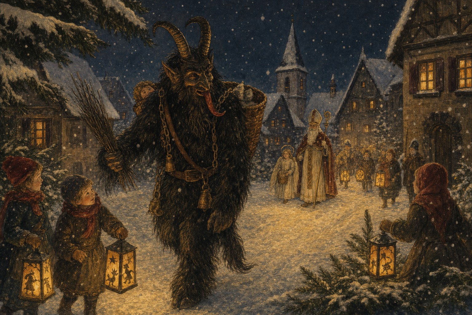 An illustrated Krampusnacht scene with Krampus, Saint Nicholas, and lanterns in a snowy village