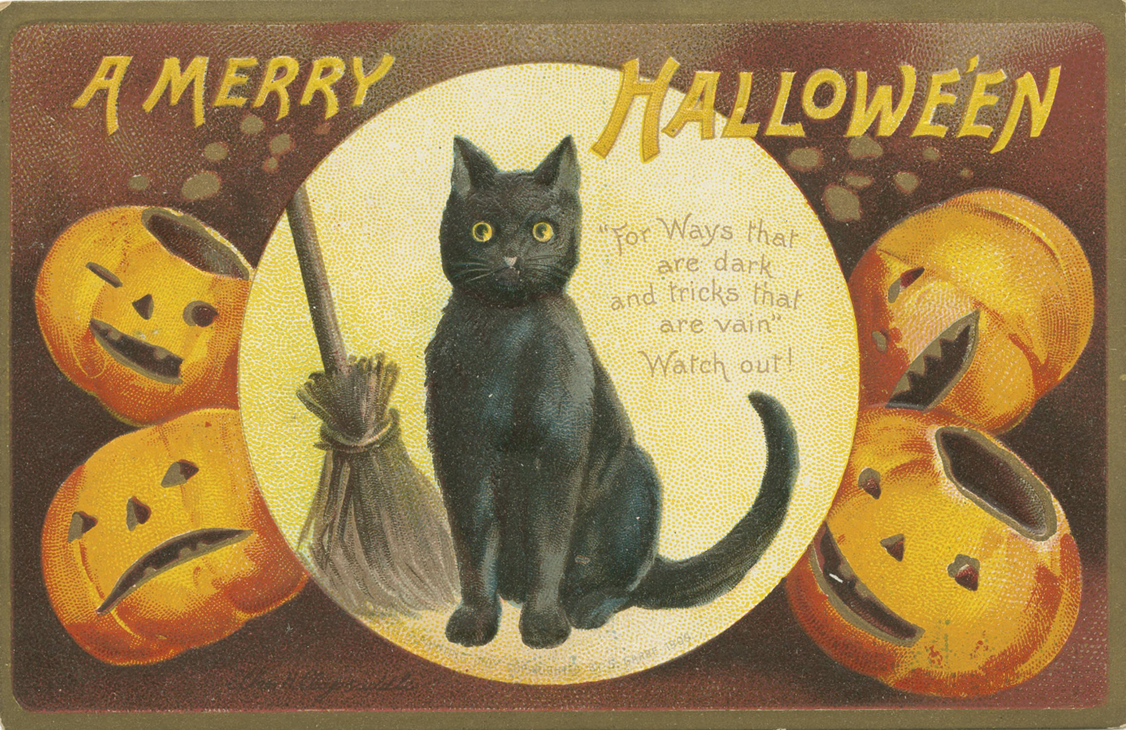 Ellen H. Clapsaddle’s 1909 Halloween postcard showing a black cat, broom, and jack-o’-lanterns