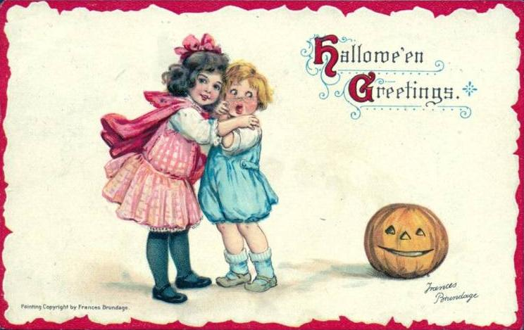 Frances Brundage Halloween Greetings postcard with two children and a jack-o’-lantern
