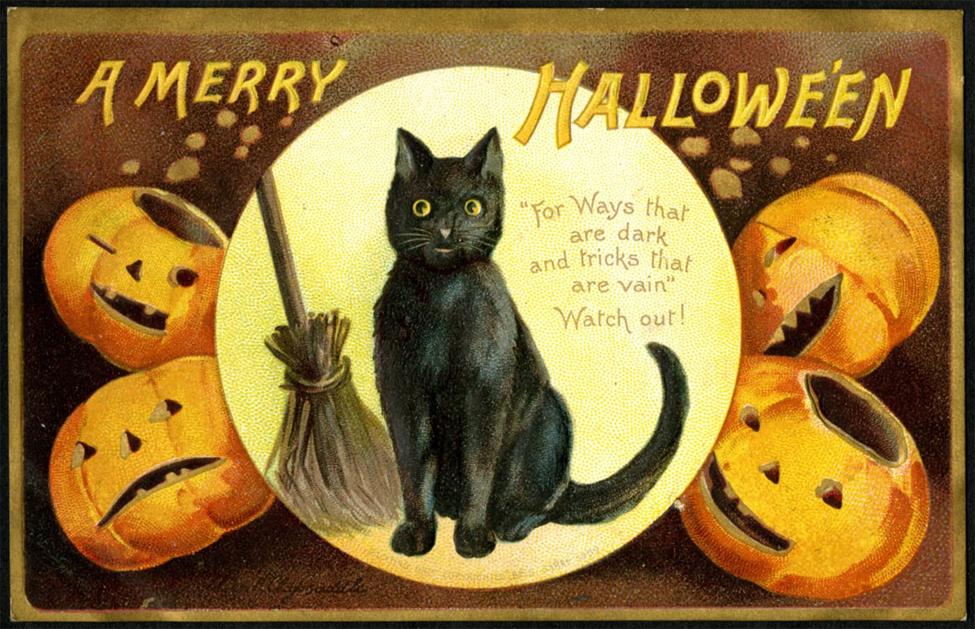 Vintage Halloween postcard with a black cat, broom, and jack-o'-lanterns