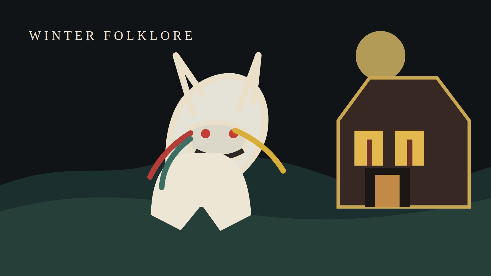 Stylized Mari Lwyd, a Welsh winter horse figure, outside a warmly lit cottage