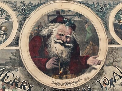 Thomas Nast Christmas greeting illustration showing Santa in an oval frame