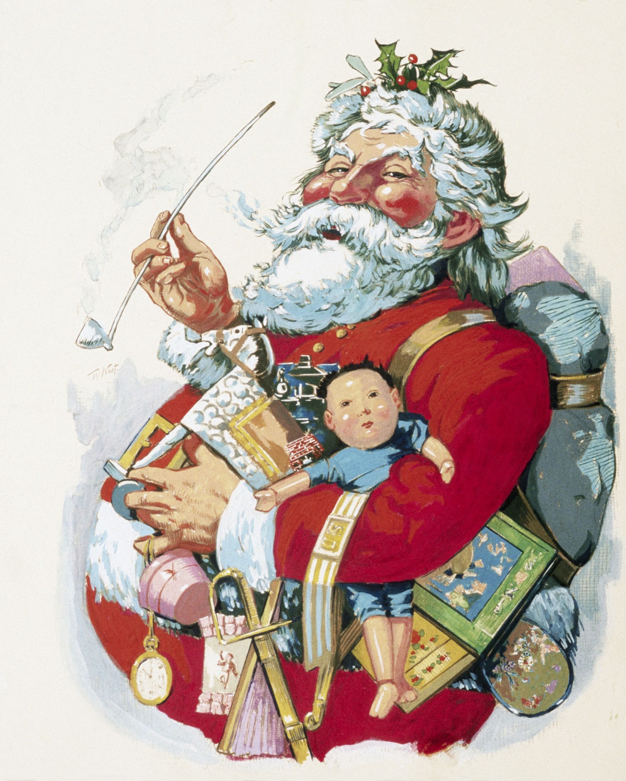 Thomas Nast illustration of Santa Claus holding a toy doll and a small drum