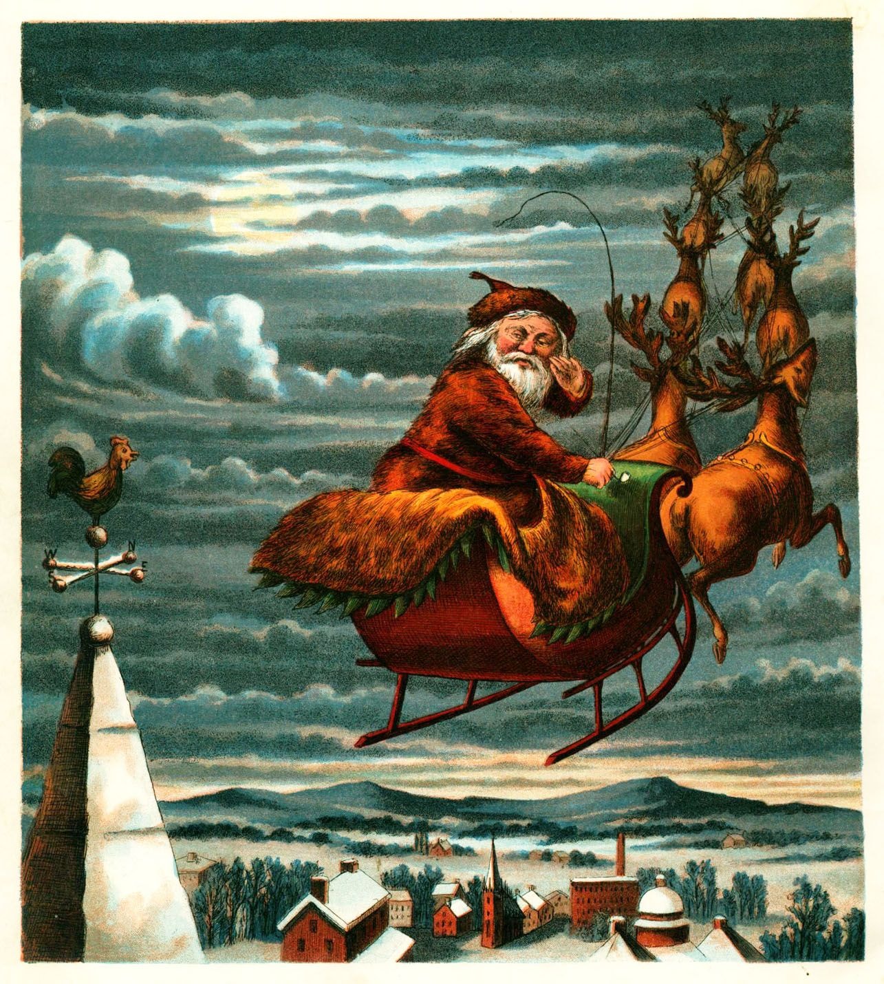 Thomas Nast illustration of Santa Claus riding a sleigh pulled by reindeer above a snowy town