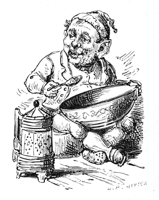 Nisse eating a bowl of Christmas porridge in a nineteenth-century book illustration