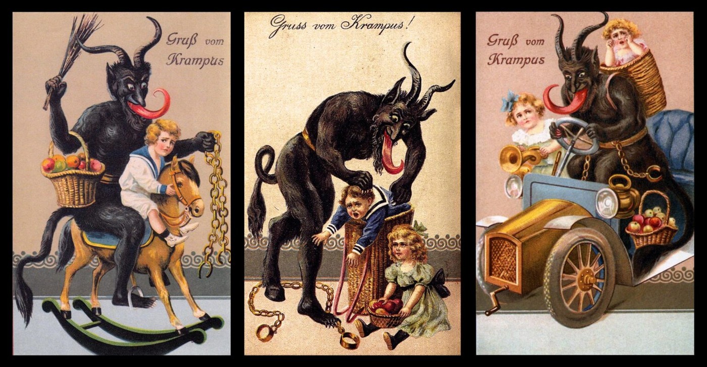 Three vintage postcards depicting the Alpine Krampus.