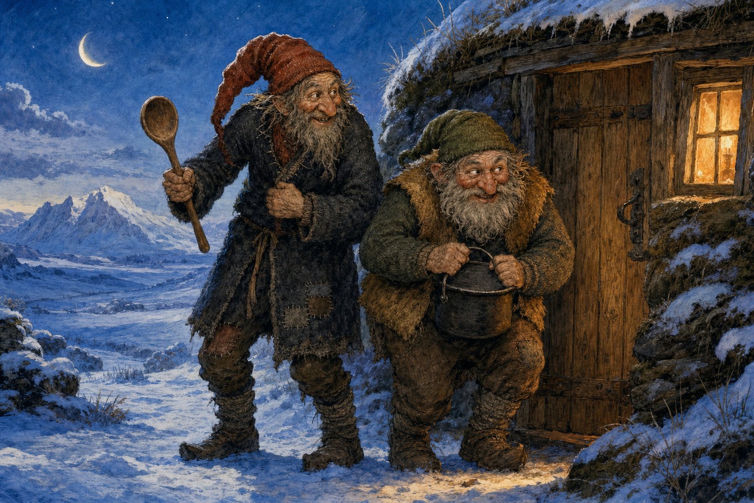 Two mischievous Yule Lads outside an Icelandic farmhouse on a winter evening.