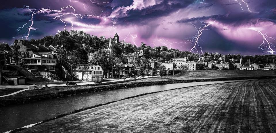 Stormy Galena skyline above the Galena River at Halloween