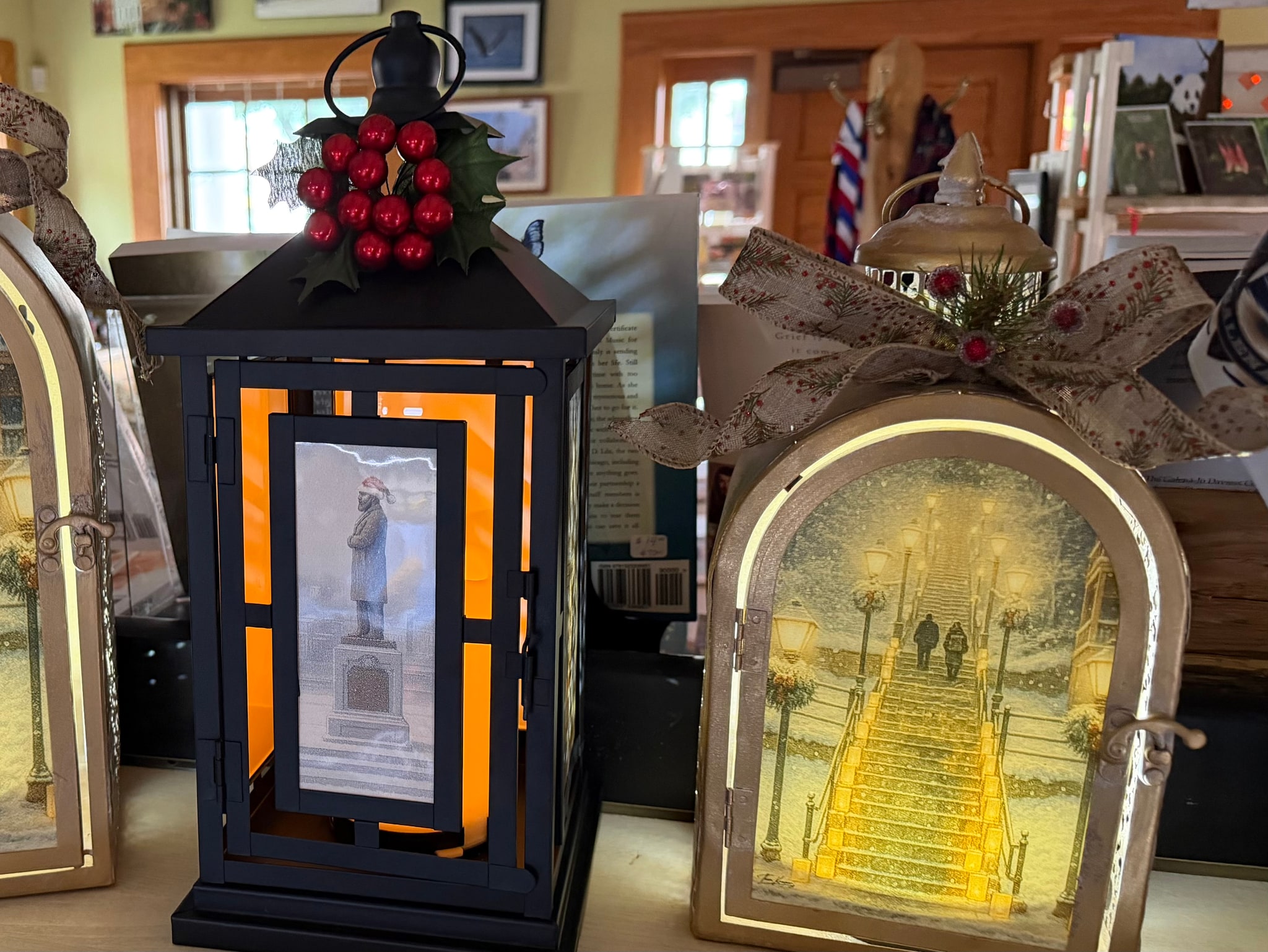 Holiday lanterns and illuminated displays in the Galena Christmas Company shop