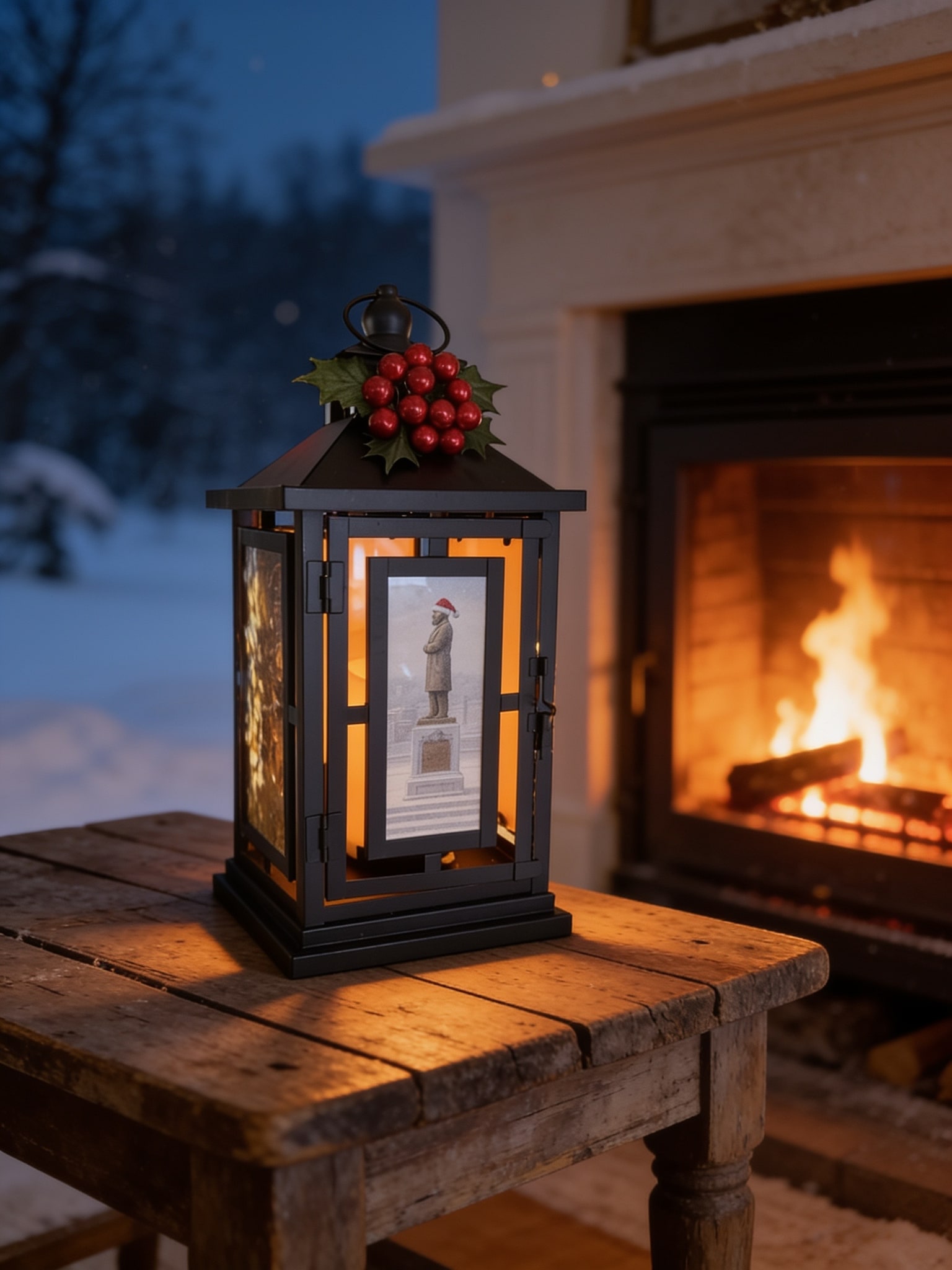 Illuminated Galena Christmas Company lantern beside a glowing fireplace