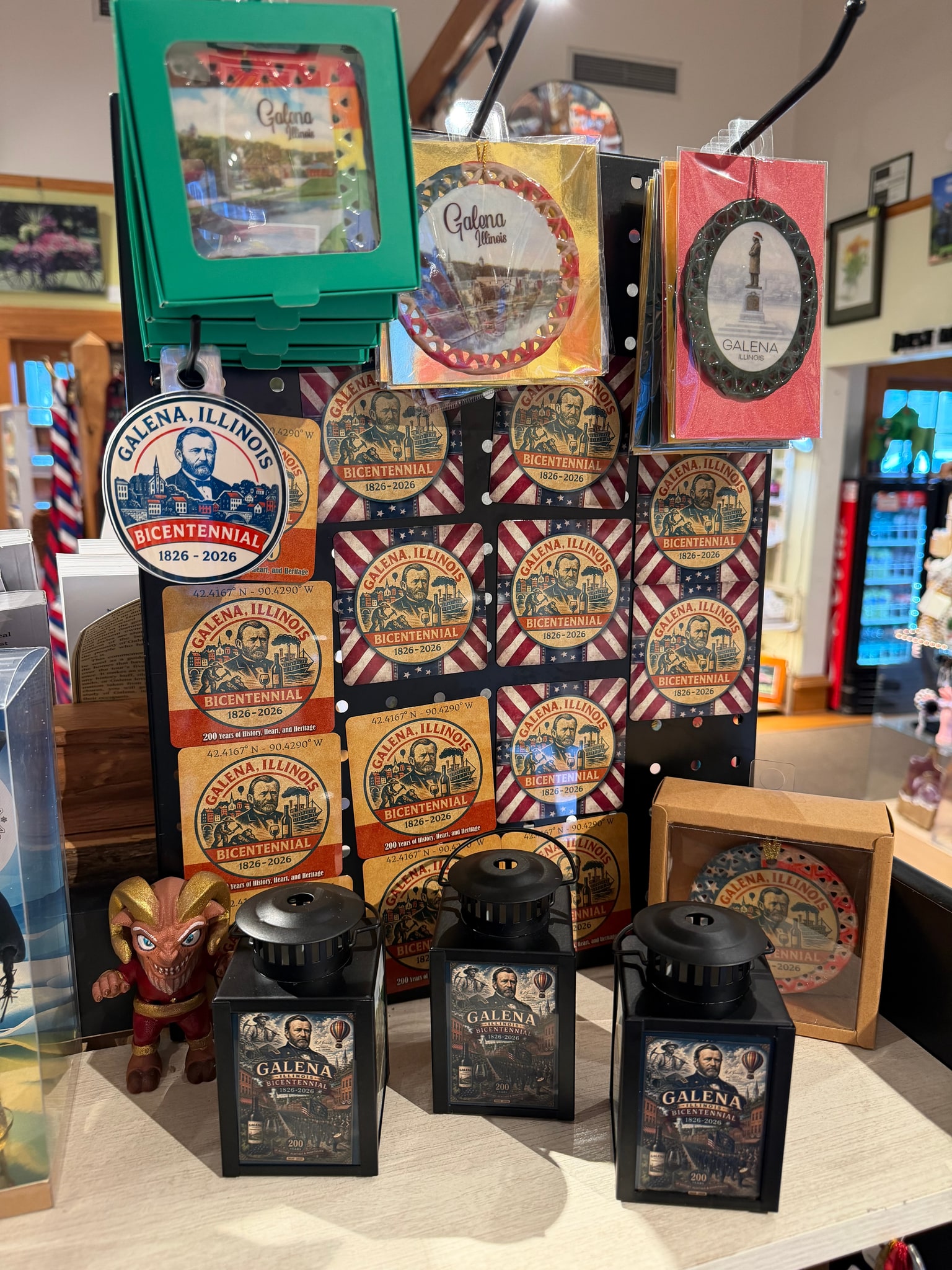 Galena Christmas Company ornaments and lanterns displayed in the shop
