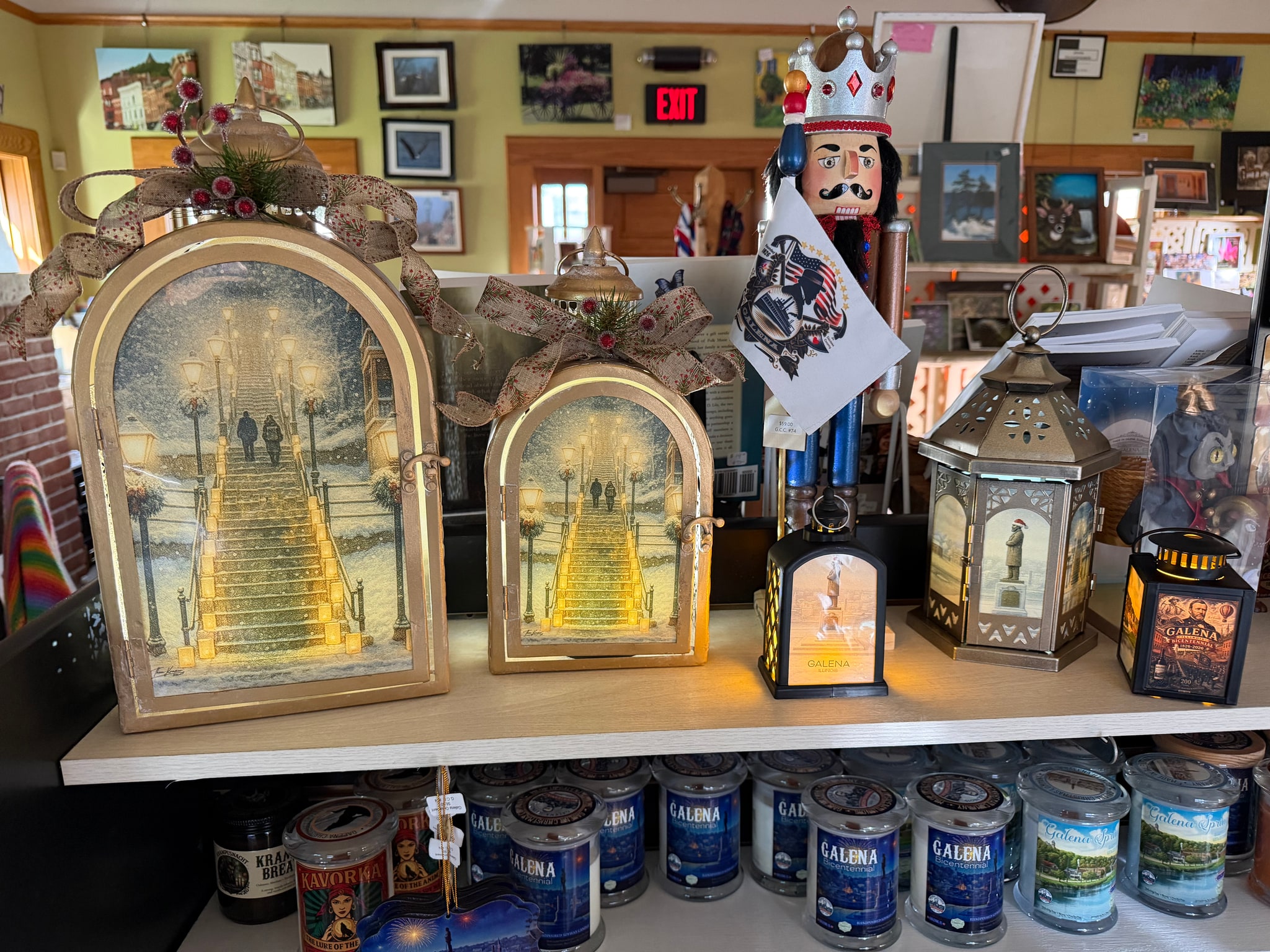 Galena Christmas Company lanterns and holiday pieces displayed in the shop