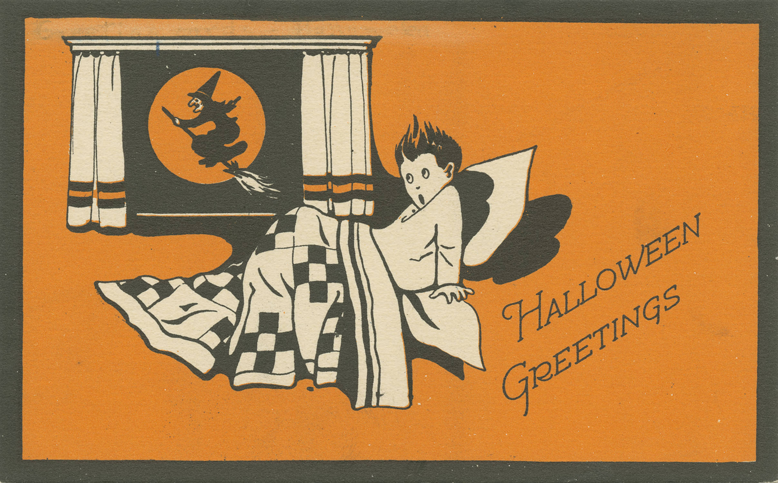 A child surprised by a ghost beside a bed in an orange Halloween postcard