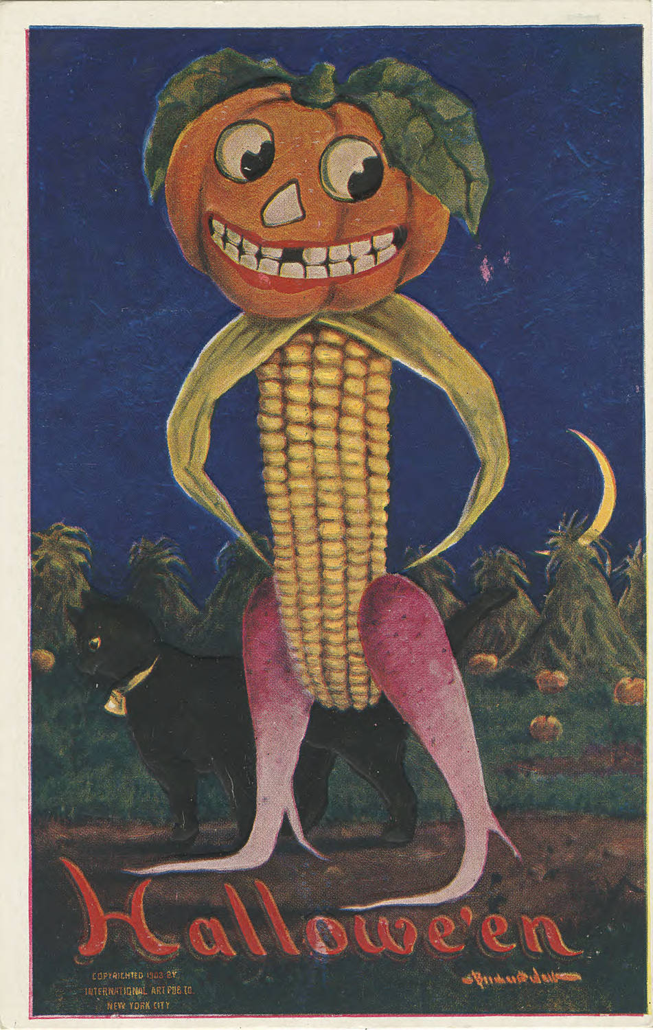 A smiling pumpkin-headed figure with a corn-cob body in Bernhardt Wall’s 1903 Halloween illustration
