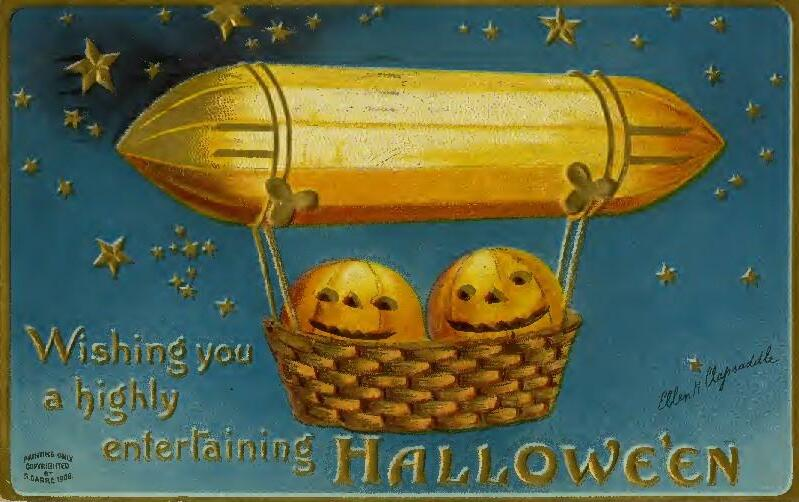 Early Halloween postcard showing pumpkin-headed passengers riding in an airship