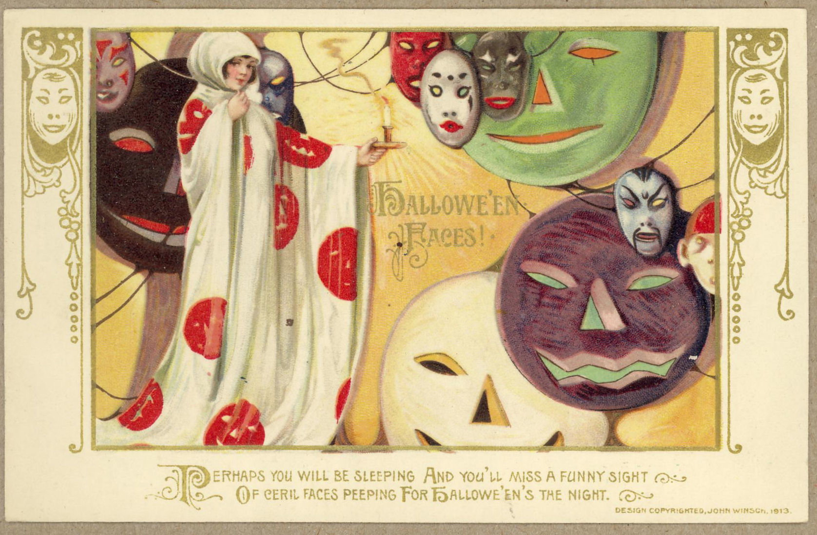 Hallowe’en Faces postcard with a costumed figure, masks, a smiling moon and a pumpkin