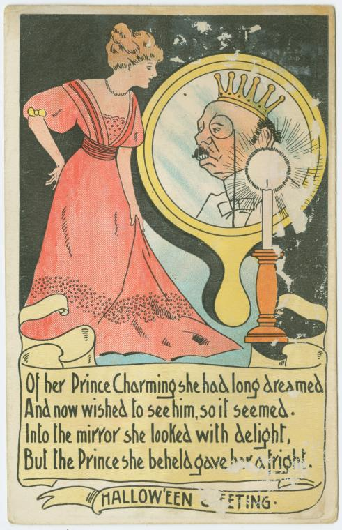 A woman holding a mirror with a face reflected in it on a 1908 Halloween greeting