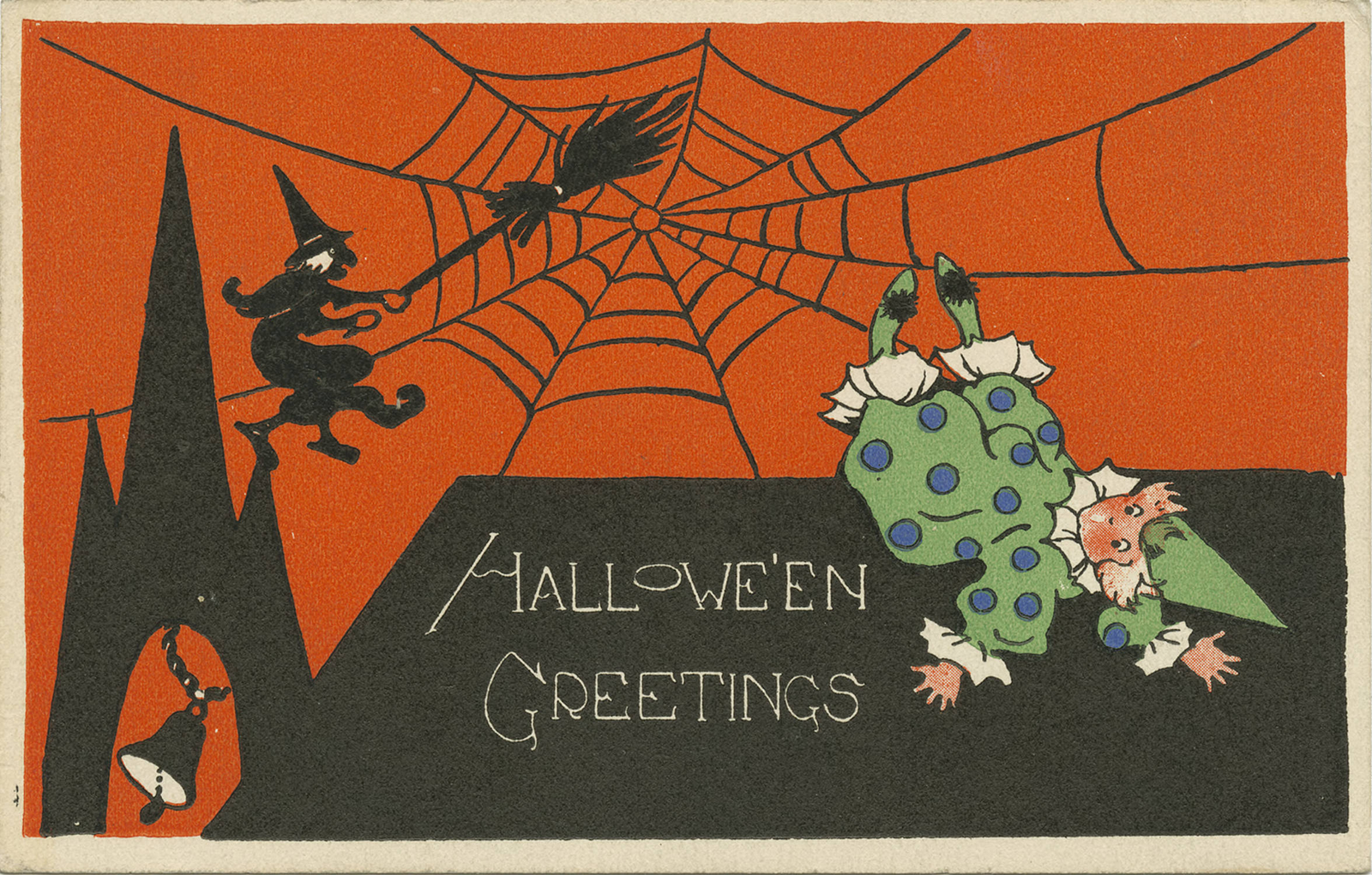 A black cat on a broom, a spiderweb and two comic ghosts on an orange 1928 greeting