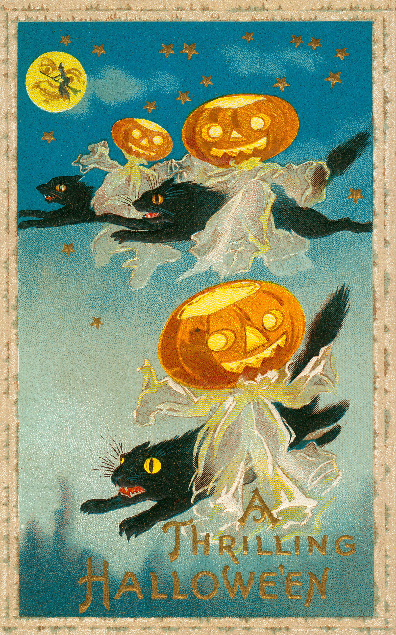 Pumpkin-headed ghost figures and black cats under a starry sky