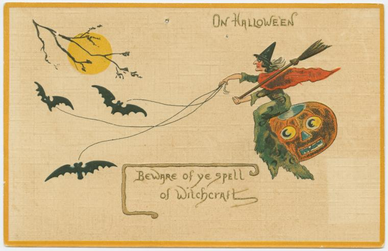 A flying witch, bats, a yellow moon and a pumpkin on a Halloween postcard
