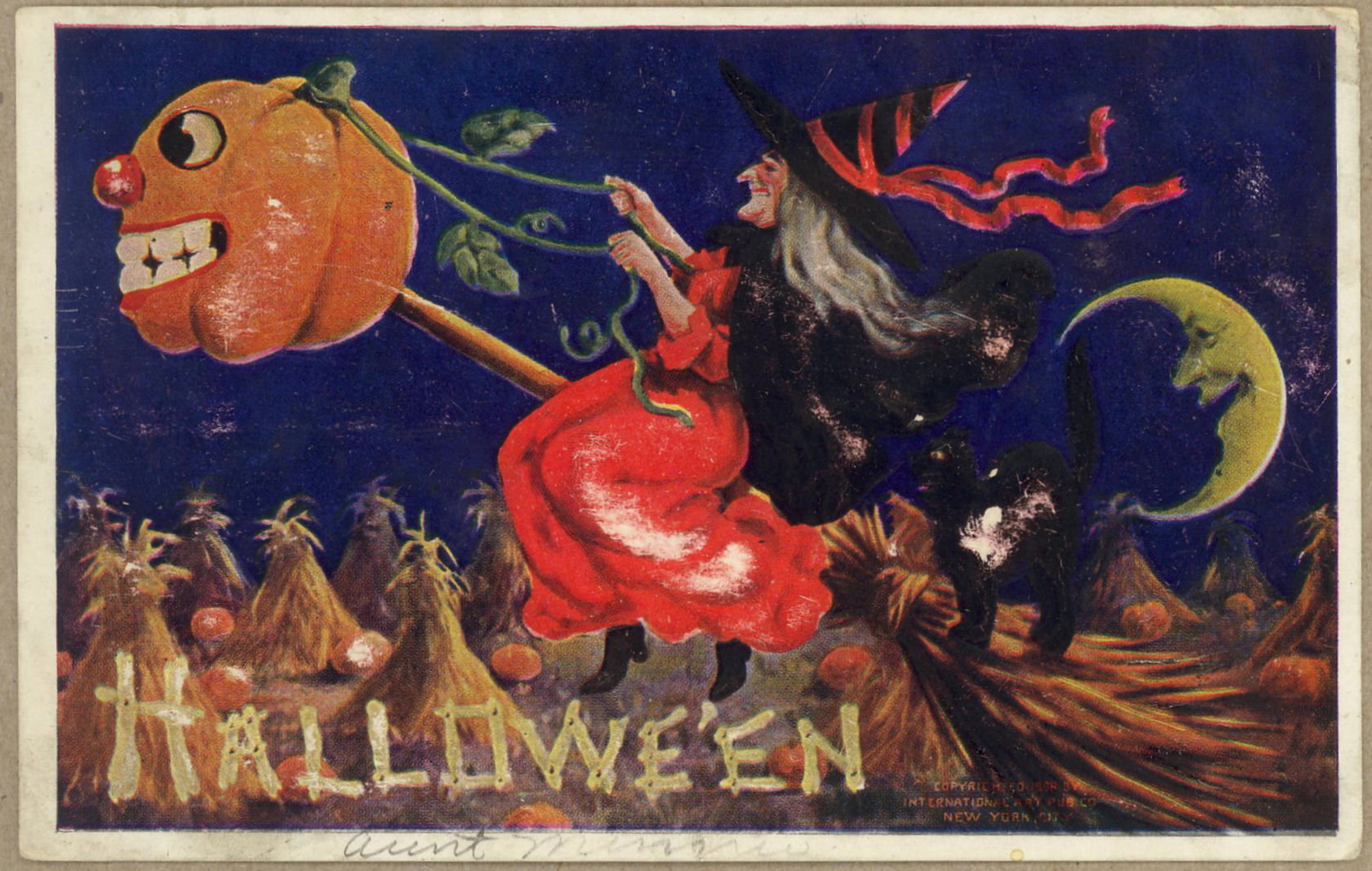 Vintage Halloween postcard showing a witch on a broom pulled by a pumpkin, with a black cat and crescent moon