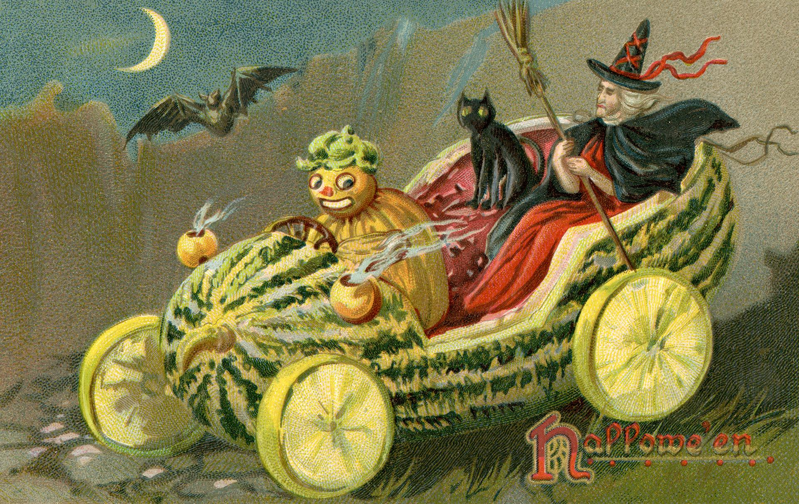 A witch and black cat riding a fantastical green carriage with pumpkin passengers