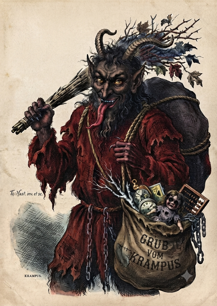 Illustration of Krampus carrying a sack marked Gruss vom Krampus
