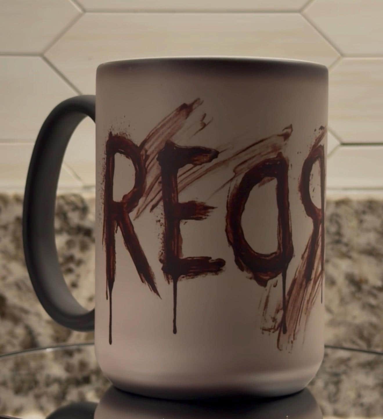 MAGIC REVEAL REDRUM bloody Murder 15oz dark humor horror coffee mug, view 5