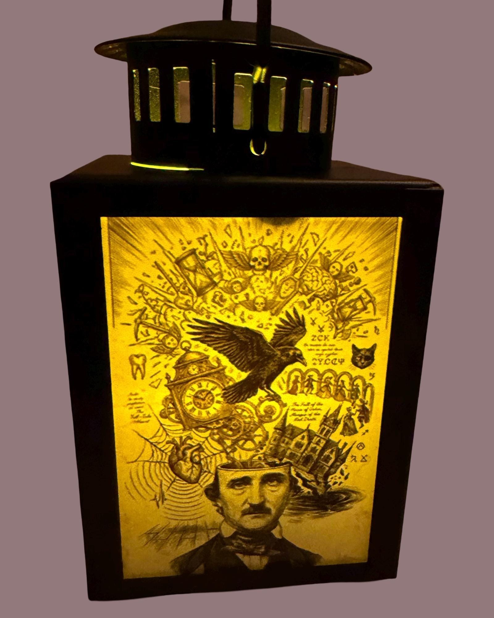 Edgar Allen Poe Raven Skull - Lantern Metal Glass LED Accent Lamp 4-inch / NOS/2601, view 7