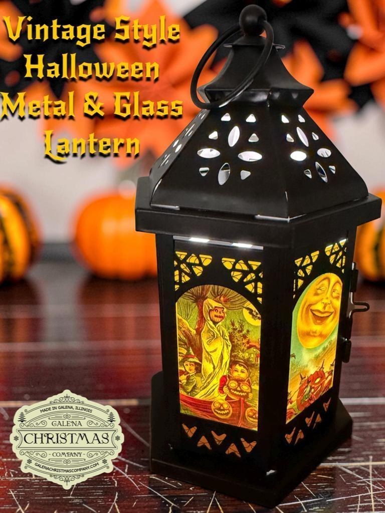 Vintage Halloween Style Metal / Glass 11 inch LED Accent Lantern HL2026