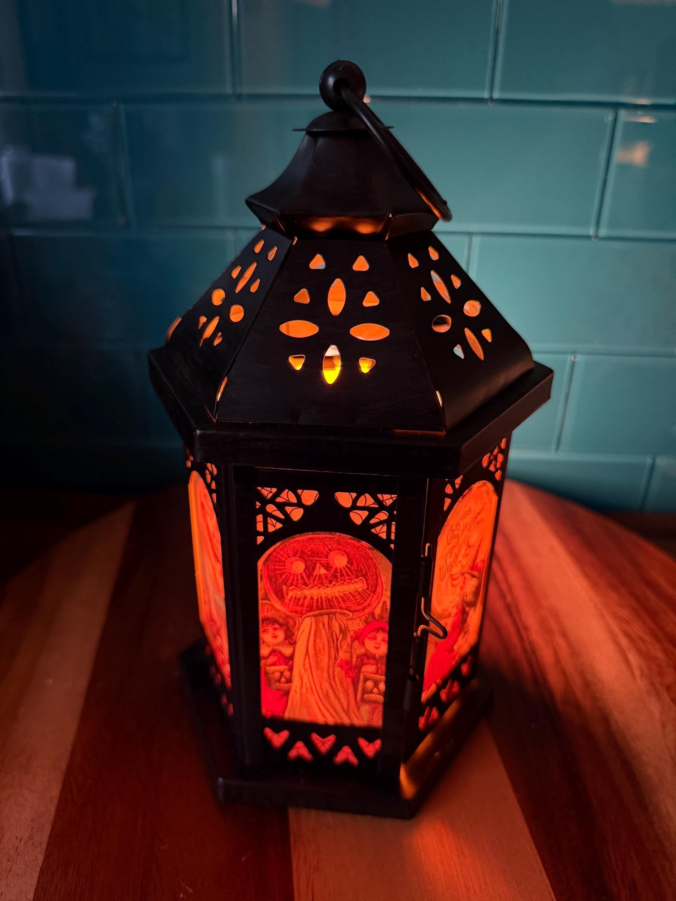 Vintage Halloween Style Metal / Glass 11 inch LED Accent Lantern HL2026, view 5