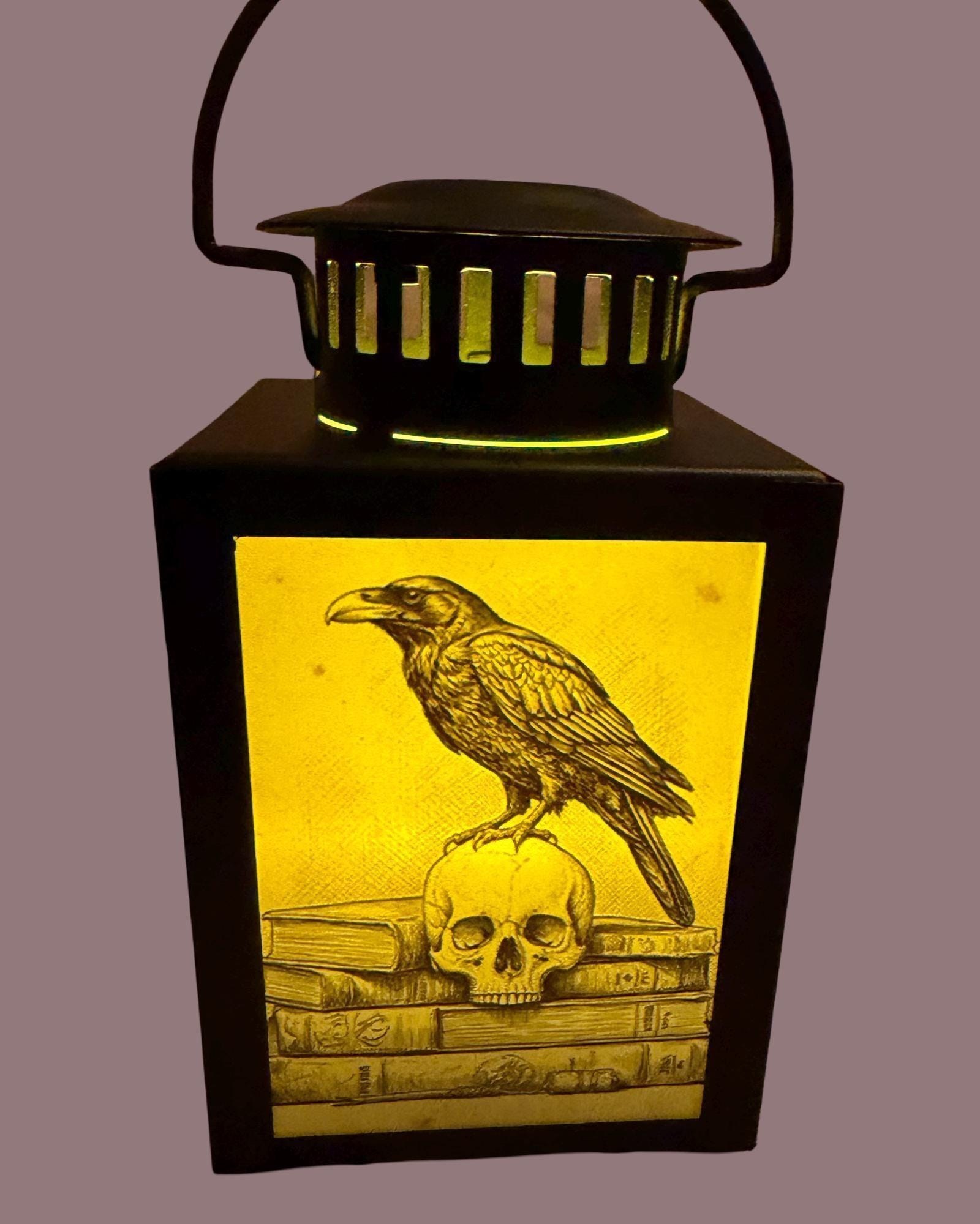 Edgar Allen Poe Raven Skull - Lantern Metal Glass LED Accent Lamp 4-inch / NOS/2601, view 6