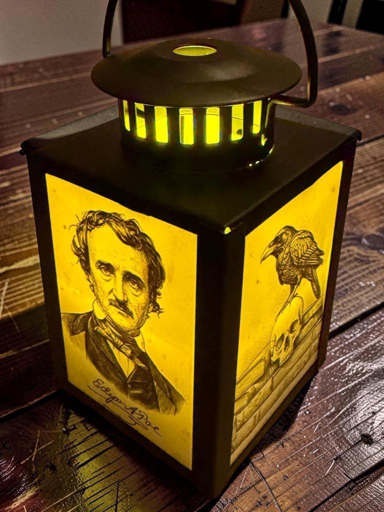 Edgar Allen Poe Raven Skull - Lantern Metal Glass LED Accent Lamp 4-inch / NOS/2601