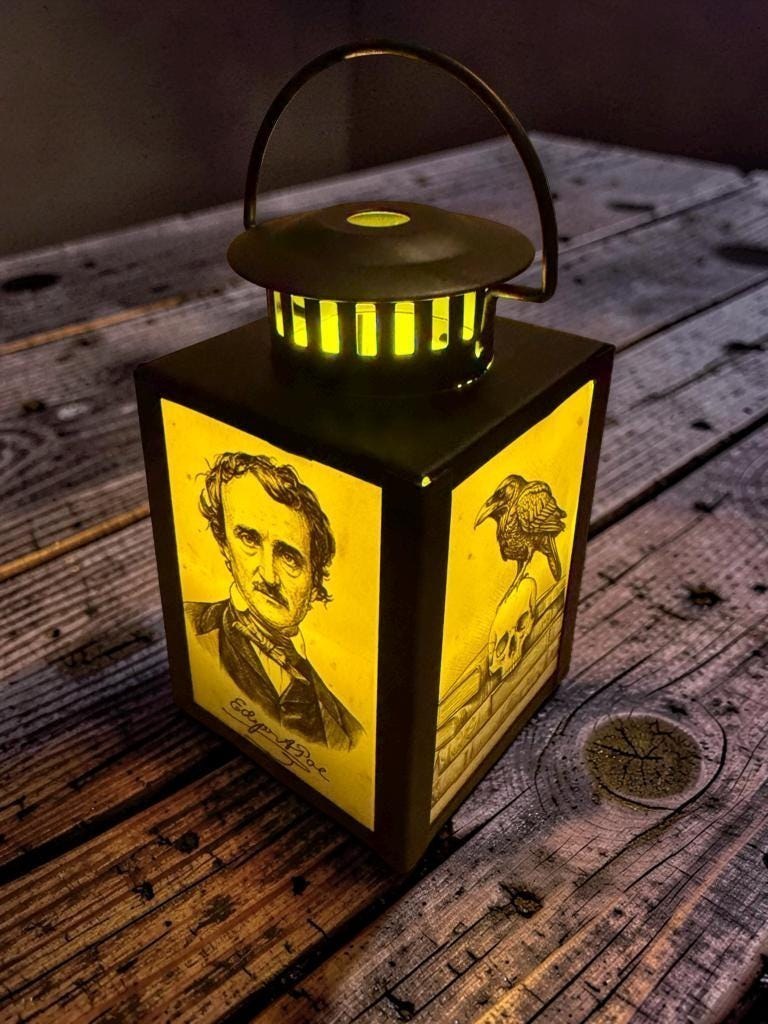 Edgar Allen Poe Raven Skull - Lantern Metal Glass LED Accent Lamp 4-inch / NOS/2601, view 2