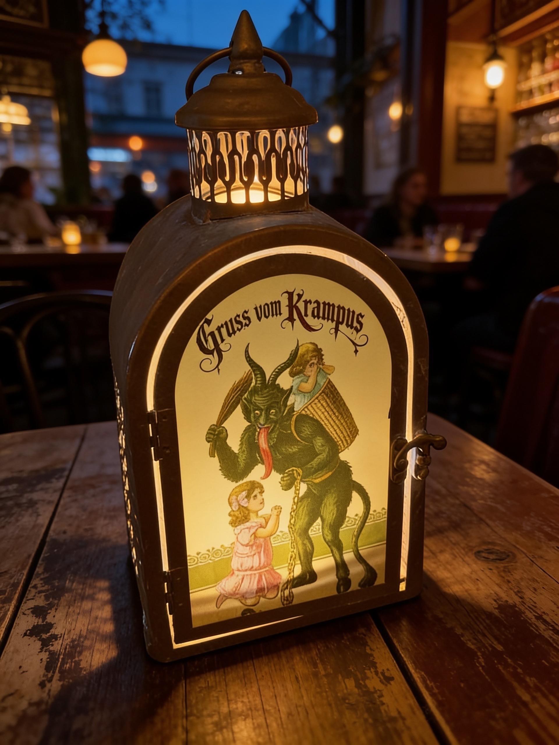 Krampus Gold Arch Metal / Glass 12 inch LED Accent Lantern KPG2026