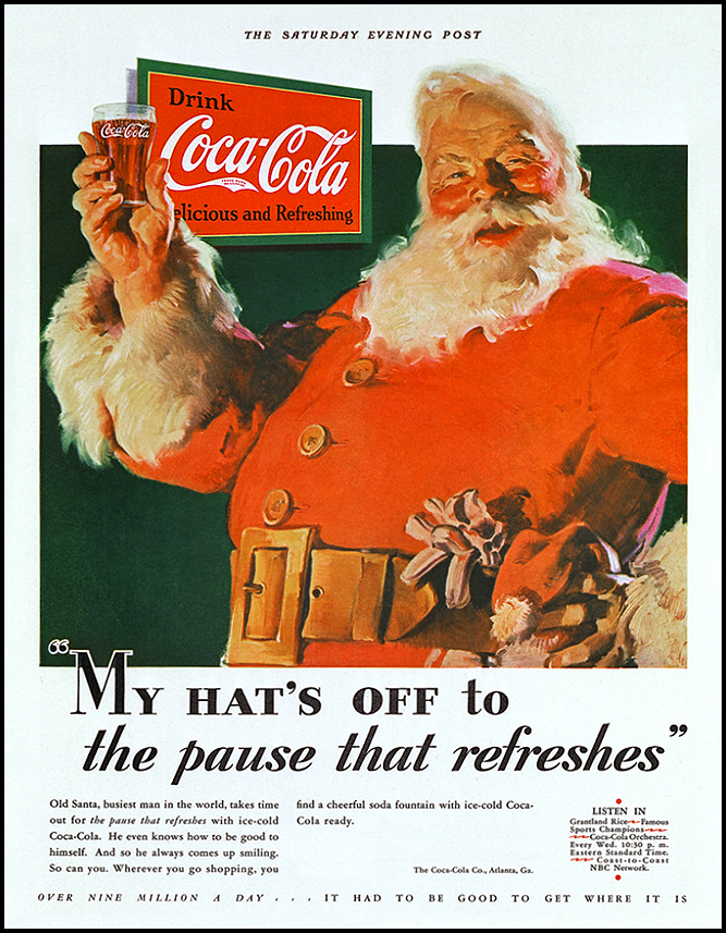 Haddon Sundblom’s 1931 Coca-Cola advertisement showing Santa raising a glass beneath a Coca-Cola sign