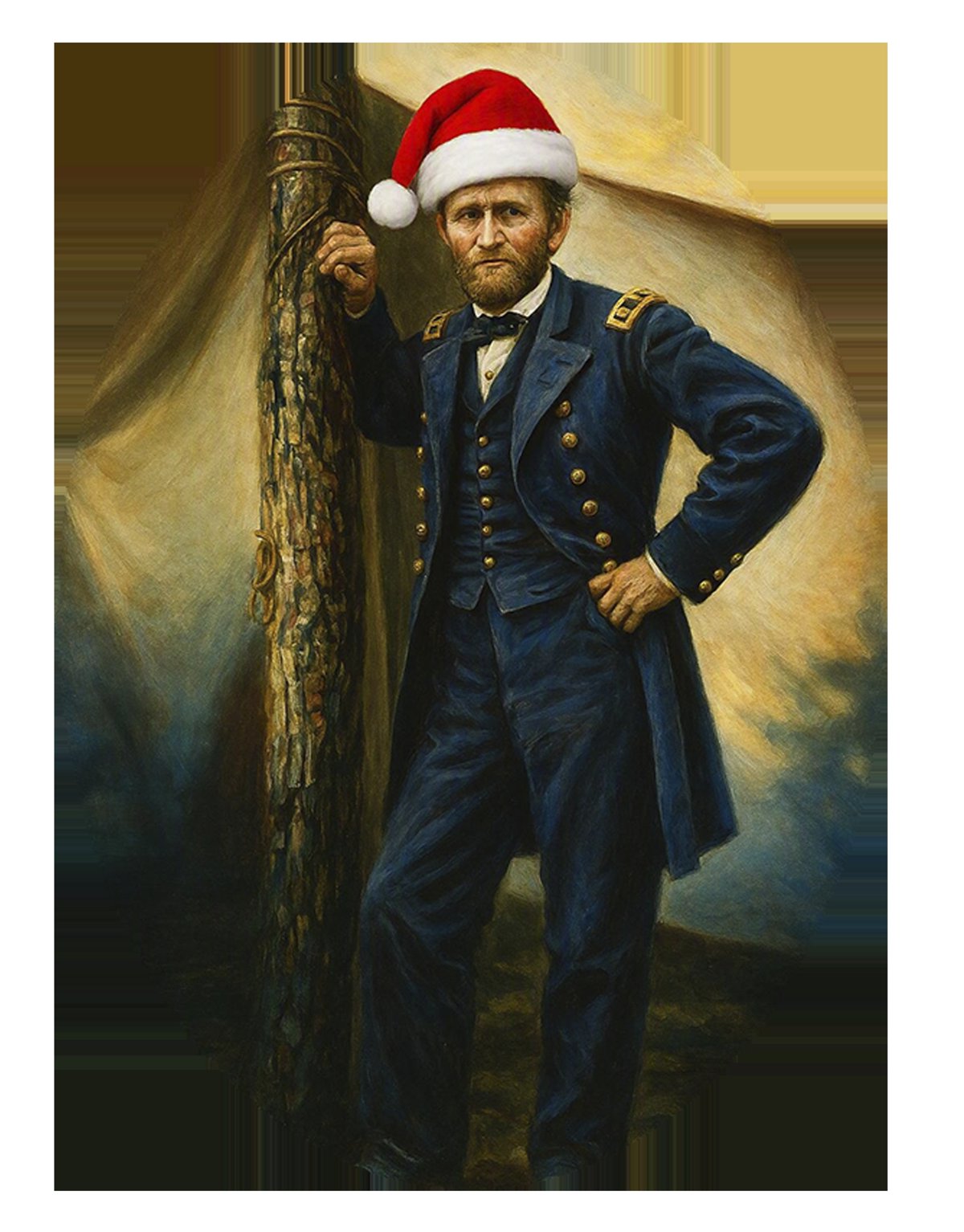 Ulysses S. Grant in a blue military uniform with a red-and-white Santa hat added to his portrait